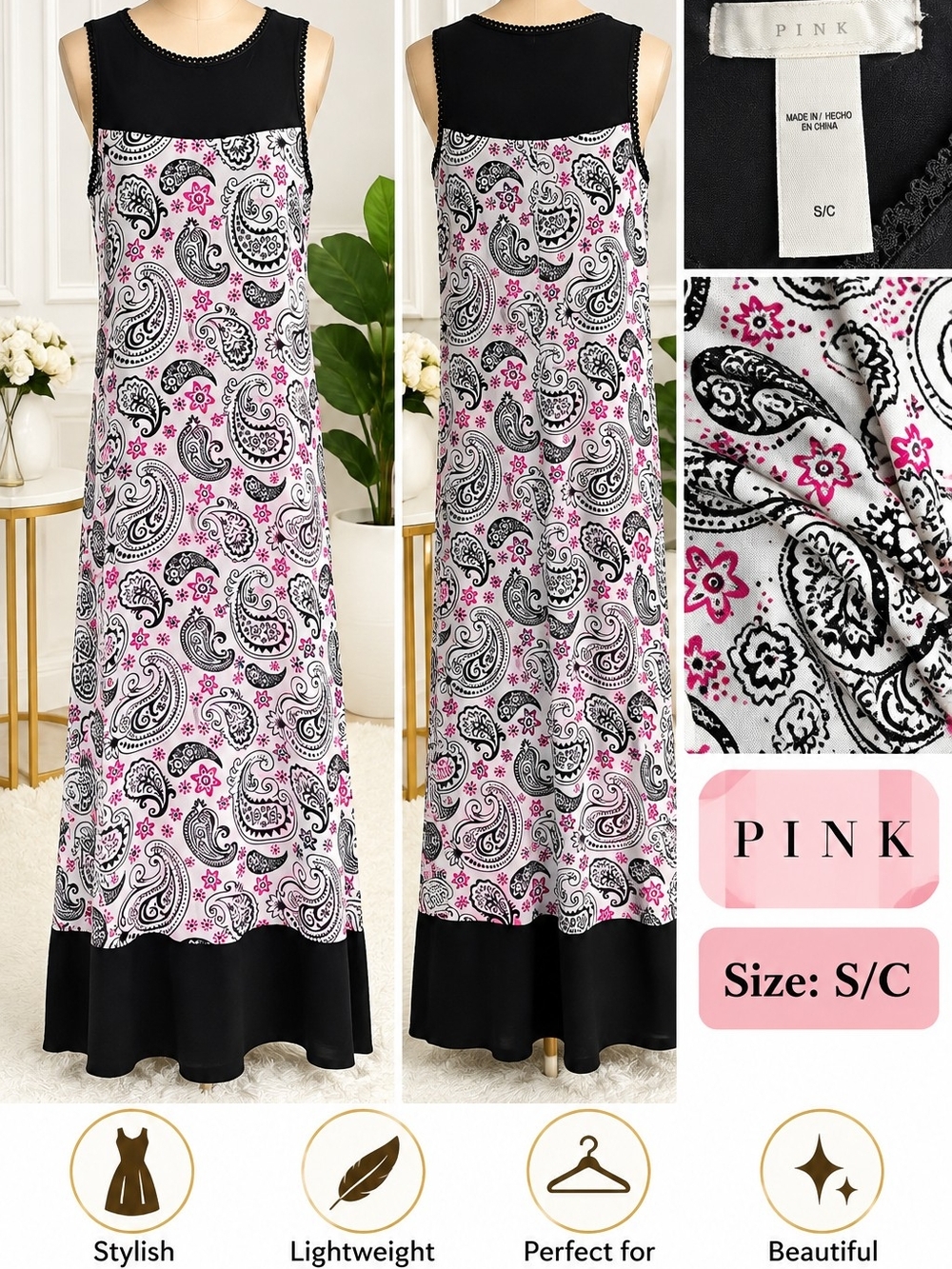 PINK Sleeveless Paisley Maxi Dress in Black, White & Pink